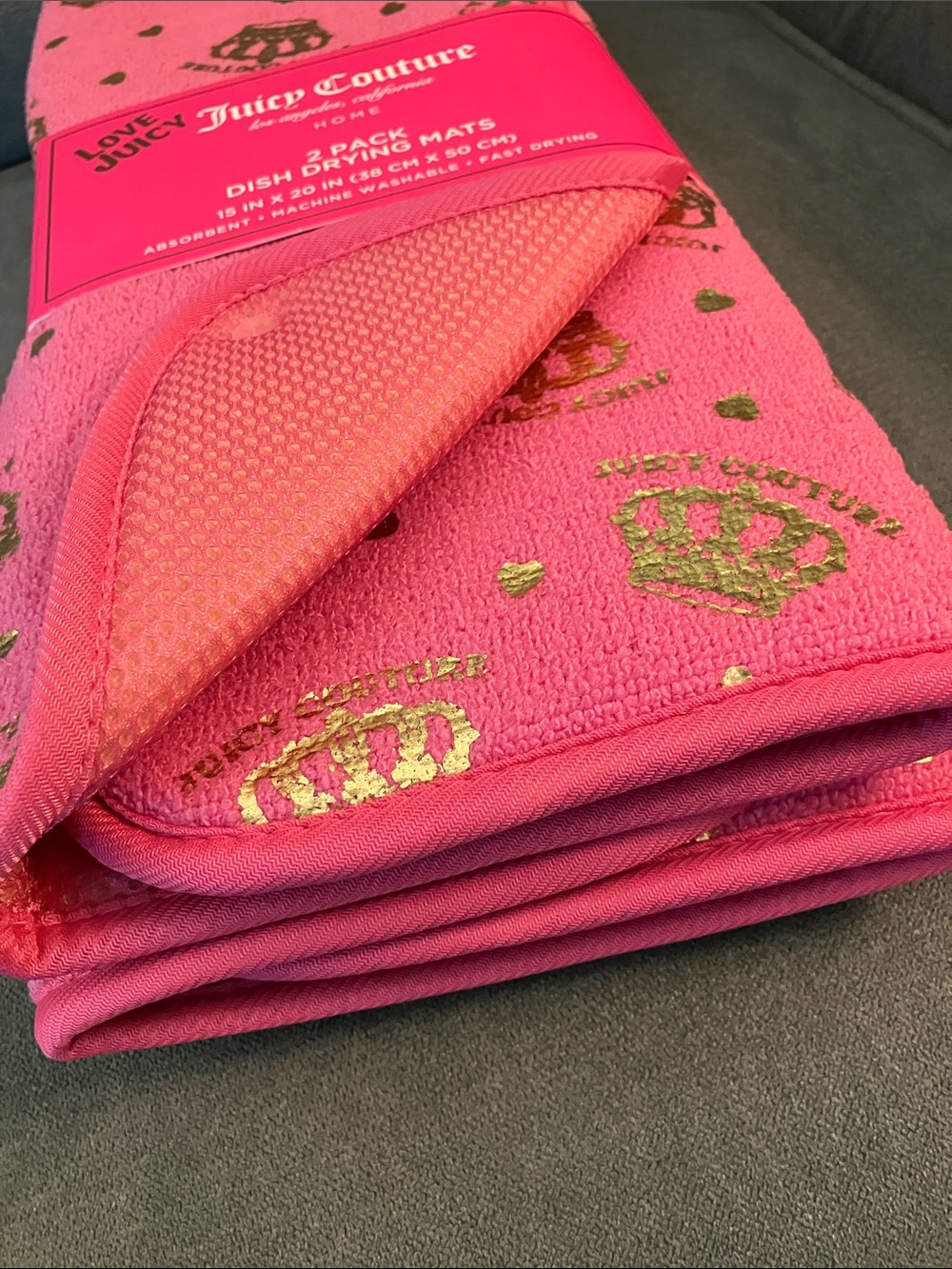 ✨Juicy Couture 2 pk dish drying mats hot pink gold crowns hearts logos NIP NWT - Picture 3 of 8